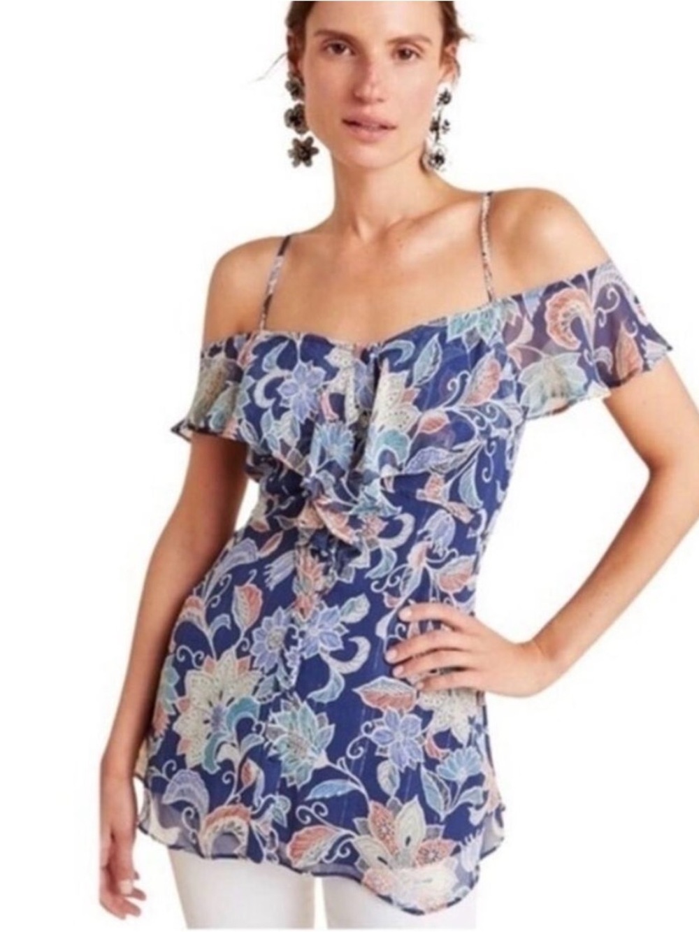 Anthropologie Maeve Mariposa Open Shoulder Ruffled Top 10 Blue Floral Women’s